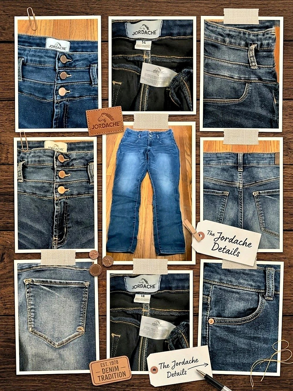Jordache High Rise Triple Button Jeans Blue 14 Great Distressed Condition